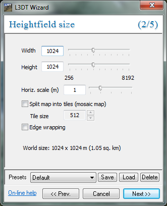 The' heightfield size' wizard, with recommended settings.